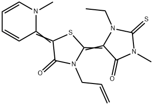 3-allyl-2-(3-ethyl-1-methyl-5-oxo-2-thioxoimidazolidin-4-ylidene)-5-(1-methylpyridin-2(1H)-ylidene)thiazolidin-4-one 结构式