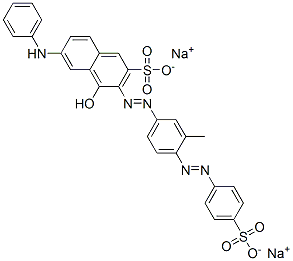 disodium 4-hydroxy-3-[[3-methyl-4-[(4-sulphonatophenyl)azo]phenyl]azo]-6-(phenylamino)naphthalene-2-sulphonate 结构式