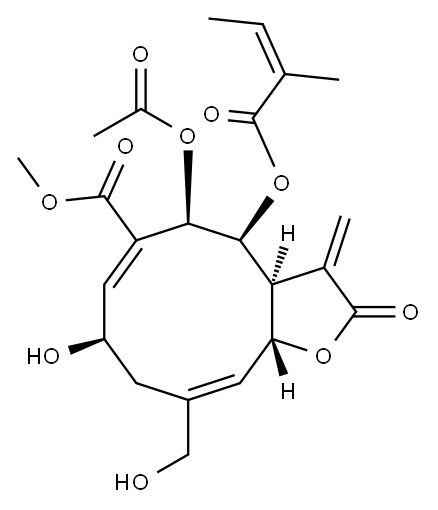 (3aS,4S,5R,6E,8R,10E,11aR)-5-Acetoxy-2,3,3a,4,5,8,9,11a-octahydro-8-hydroxy-10-hydroxymethyl-3-methylene-4-[[(Z)-2-methyl-1-oxo-2-butenyl]oxy]-2-oxocyclodeca[b]furan-6-carboxylic acid methyl ester 结构式