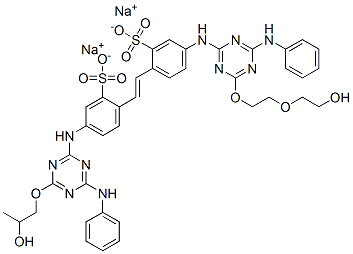 disodium 5-[[6-anilino-4-[2-(2-hydroxyethoxy)ethoxy]-1,3,5-triazin-2-yl]amino]-2-[2-[4-[[6-anilino-4-(2-hydroxypropoxy)-1,3,5-triazin-2-yl]amino]-2-sulphonatophenyl]vinyl]benzenesulphonate 结构式