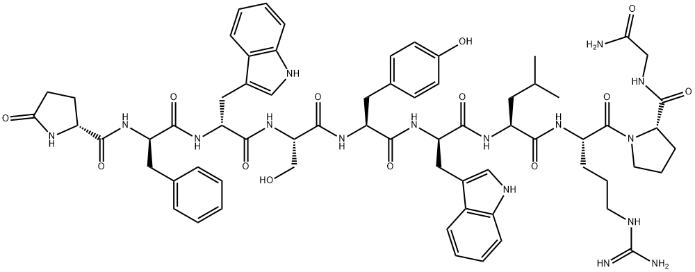 D-PYR-D-PHE-D-TRP-SER-TYR-D-TRP-LEU-ARG-PRO-GLY-NH2 Structure