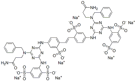hexasodium 2,2'-[vinylenebis[(3-sulphonato-4,1-phenylene)imino[6-[(3-amino-3-oxopropyl)(phenylmethyl)amino]-1,3,5-triazine-4,2-diyl]imino]]bis(benzene-1,4-disulphonate) Structure