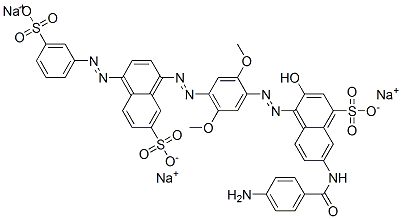 trisodium 7-[(4-aminobenzoyl)amino]-4-[[2,5-dimethoxy-4-[[7-sulphonato-4-[(3-sulphonatophenyl)azo]naphthyl]azo]phenyl]azo]-3-hydroxynaphthalene-1-sulphonate 结构式
