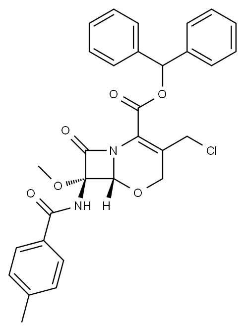 (6R,7R)-3-Chloromethyl-7-methoxy-8-oxo-7-(p-toluoylamino)-5-oxa-1-azabicyclo[4.2.0]oct-2-ene-2-carboxylic acid diphenylmethyl ester Structure