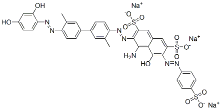 trisodium 4-amino-3-[[4'-[(2,4-dihydroxyphenyl)azo]-3,3'-dimethyl[1,1'-biphenyl]-4-yl]azo]-5-hydroxy-6-[(4-sulphonatophenyl)azo]naphthalene-2,7-disulphonate Structure