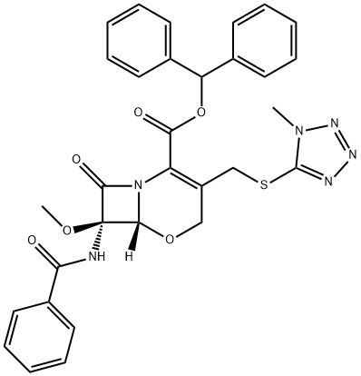 (6R,7R)-7-(苯甲酰基氨基)-7-甲氧基-3-[[(1-甲基-1H-四氮唑-5-基)硫基]甲基]-8-氧代-5-氧杂-1-氮杂双环[4.2.0]辛-2-烯-2-甲酸二苯甲酯, 68402-81-3, 结构式