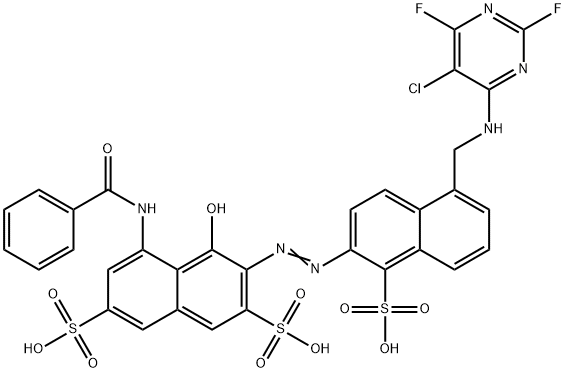 5-(benzoylamino)-3-[[5-[[(5-chloro-2,6-difluoro-4-pyrimidinyl)amino]methyl]-1-sulpho-2-naphthyl]azo]-4-hydroxynaphthalene-2,7-disulphonic acid 结构式