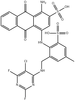1-amino-4-[[2-[[(5-chloro-2,6-difluoro-4-pyrimidinyl)amino]methyl]-4-methyl-6-sulphophenyl]amino]-9,10-dihydro-9,10-dioxoanthracene-2-sulphonic acid Structure