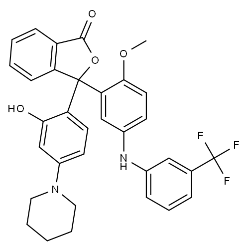 3-(2-Hydroxy-4-piperidinophenyl)-3-[2-methoxy-5-[3-(trifluoromethyl)phenylamino]phenyl]phthalide 结构式
