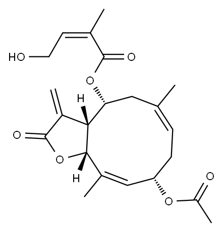 (Z)-4-Hydroxy-2-methyl-2-butenoic acid [(3aR,4R,6E,9S,10Z,11aR)-9-acetoxy-2,3,3a,4,5,8,9,11a-octahydro-6,11-dimethyl-3-methylene-2-oxocyclodeca[b]furan-4-yl] ester 结构式