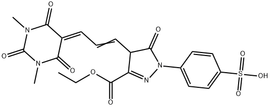 3-ethyl 4,5-dihydro-5-oxo-1-(4-sulphophenyl)-4-[3-(tetrahydro-1,3-dimethyl-2,4,6-trioxo-5(2H)-pyrimidinylidene)prop-1-enyl]-1H-pyrazole-3-carboxylate 结构式