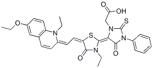 5-[5-[(6-ethoxy-1-ethyl-1H-quinolin-2-ylidene)ethylidene]-3-ethyl-4-oxothiazolidin-2-ylidene]-4-oxo-3-phenyl-2-thioxoimidazolidine-1-acetic acid Structure