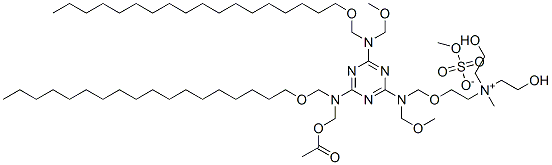 [2-[[[4-[(乙酰氧甲基)(十八烷氧基甲基)氨基]-6-[(甲氧基甲基)(十八烷氧基甲基)氨基]-1,3,5-三嗪-2-基](甲氧基甲基)氨基]甲氧基]-N,N-二(2-羟乙基)-N-甲基]硫酸甲酯乙铵, 68833-63-6, 结构式