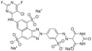 7-[(5-氯-2,6-二氟-4-嘧啶基)氨基]-2-[4-[(六氢-2,4,6-三氧代-5-嘧啶基)偶氮]-3-磺基-苯基]-2H-萘并[1,2-D]三唑-5,9-二磺酸三钠盐, 68957-39-1, 结构式