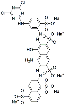 pentasodium 2-[[1-amino-7-[[5-[(4,6-dichloro-1,3,5-triazin-2-yl)amino]-2-sulphonatophenyl]azo]-8-hydroxy-3,6-disulphonato-2-naphthyl]azo]naphthalene-1,5-disulphonate Structure