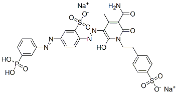 disodium 2-[[5-carbamoyl-1,6-dihydro-2-hydroxy-4-methyl-6-oxo-1-[2-(4-sulphonatophenyl)ethyl]-3-pyridyl]azo]-5-[(3-phosphonophenyl)azo]benzenesulphonate 结构式