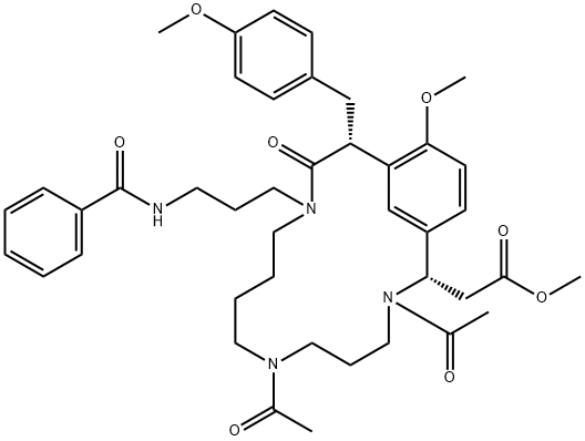 (2S,14R)-3,7-Diacetyl-12-[3-(benzoylamino)propyl]-16-methoxy-14-[(4-methoxyphenyl)methyl]-13-oxo-3,7,12-triazabicyclo[13.3.1]nonadeca-1(19),15,17-triene-2-acetic acid methyl ester 结构式