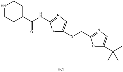 N-[5-[[[5-(1,1-Dimethylethyl)-2-oxazolyl]methyl]thio]-2-thiazolyl]-4-piperidinecarboxamide hydrochloride Struktur